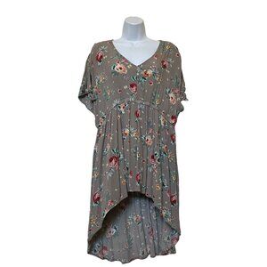 Torrid Floral High-Low Top Dress Size 1 100% Rayon Gray Red & Yellow Flowers